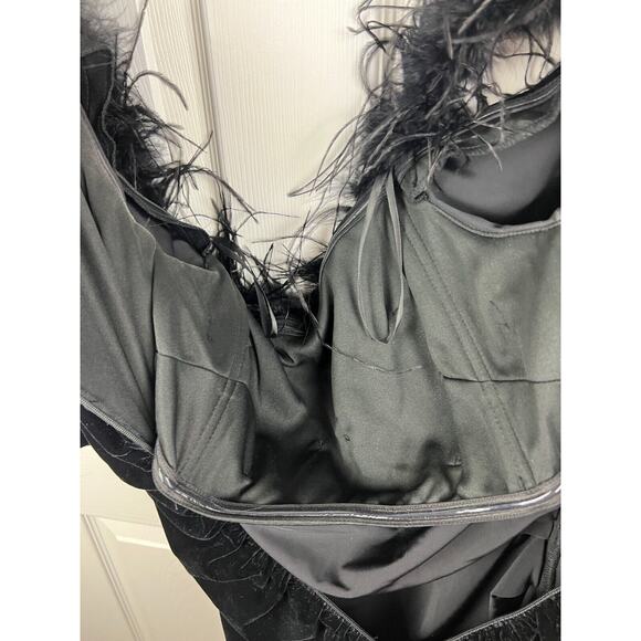 XSCAPE Womens Black Feathered Unlined Elbow Sleeve Sheath Velvet Ruched Dress 8 - Picture 8 of 10